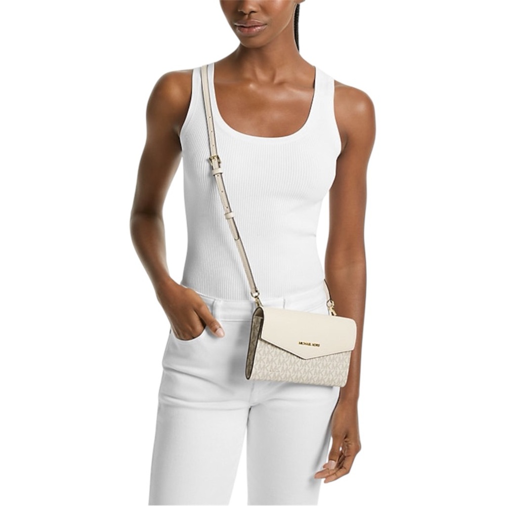 Michael Kors Jet Set Logo Print Canvas Crossbody Bag Vanilla